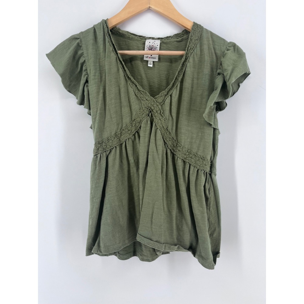 Self Esteem Womens Olive Green Crochet Trim Peplum Top Flutter Sleeve L Y2K